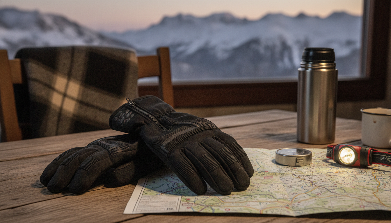 Randonneur saisissant son bâton en montagne, gants noirs épousant ses grandes mains