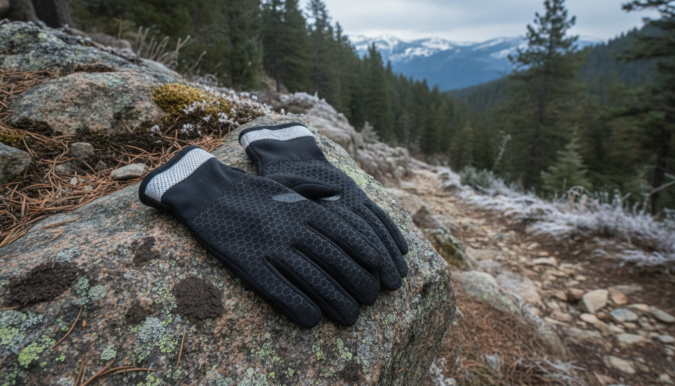 Gants pliés sur bois brut, bâton de trail et feuilles givrées en arrière-plan