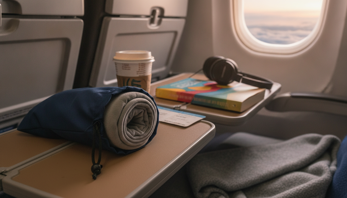 Passagère assoupie en avion, nuque calée dans le coussin gonflable en U velours gris
