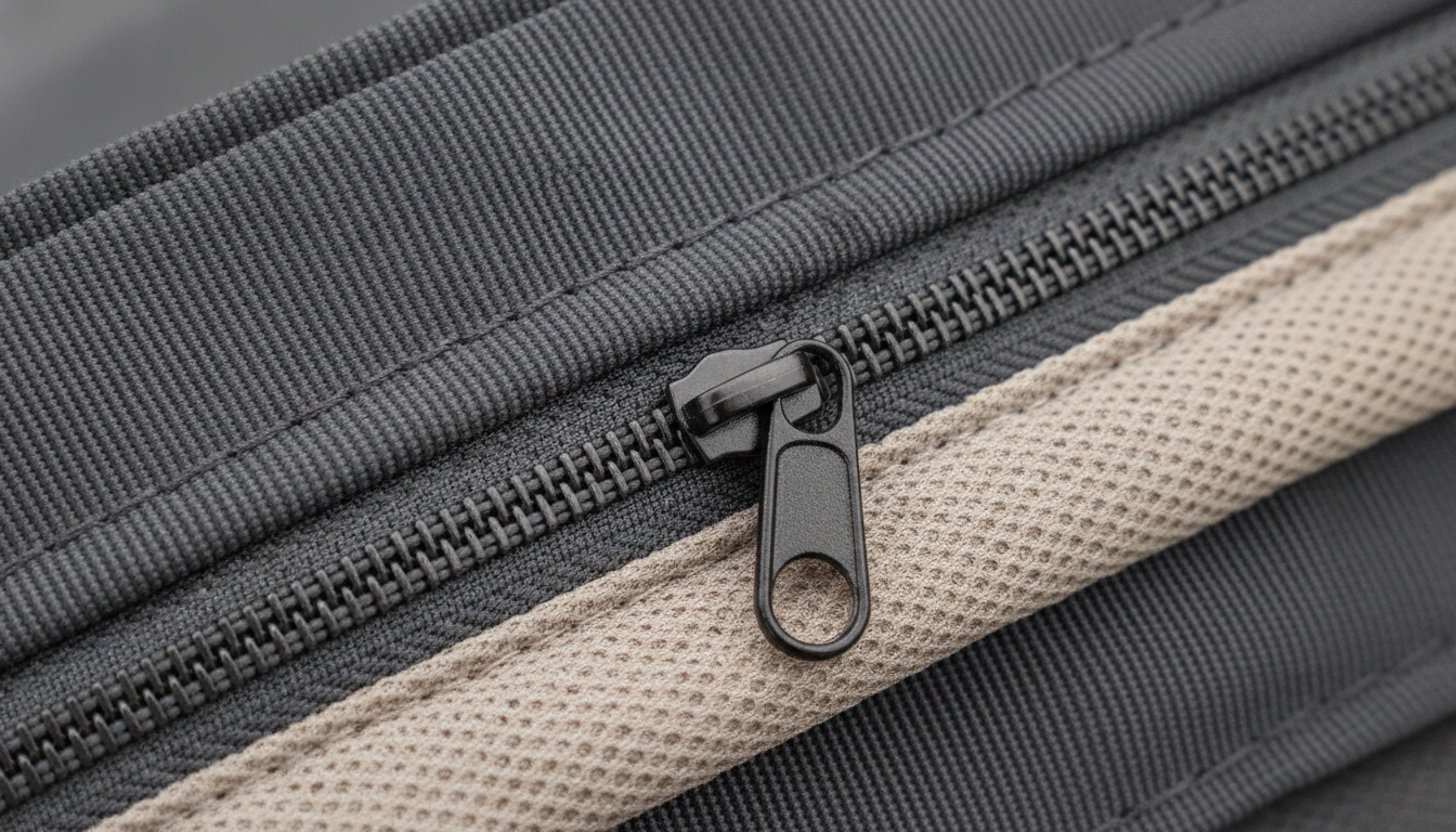 Gros plan sur la fermeture éclair discrète et le tissu nylon respirant beige