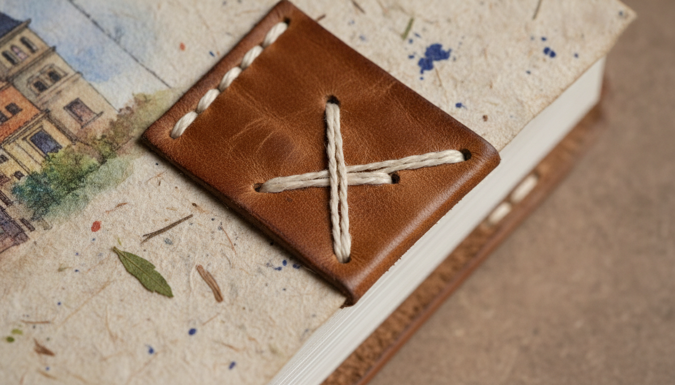 Gros plan sur le papier grain épais, coins cousus main et couverture kraft patinée