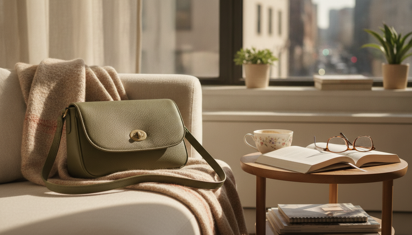 Une femme élégante porte un sac en cuir noir, assorti à sa robe fluide, au café.