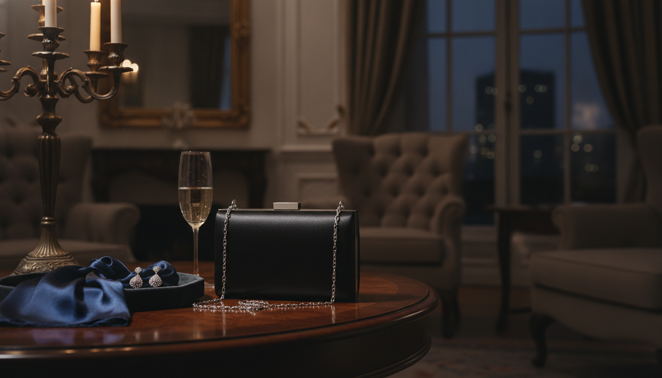 Une femme élégante porte une minaudière en satin noir, illuminée par des lumières dorées.
