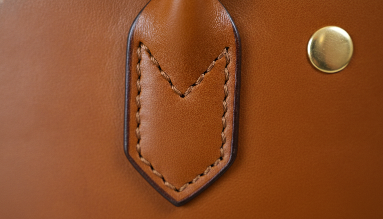 Gros plan sur la texture veloutée, avec coutures soignées et logo discret en métal.