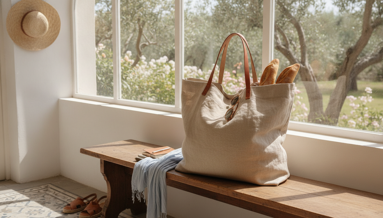 Sac cabas en toile beige, artistiquement posé sur une table en bois, entouré de livres.