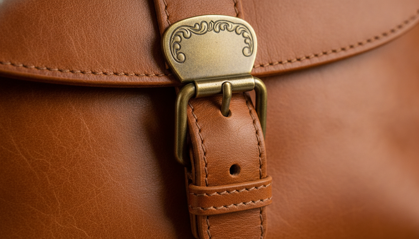 Gros plan sur la texture grainée du cuir et les finitions en métal doré du sac.
