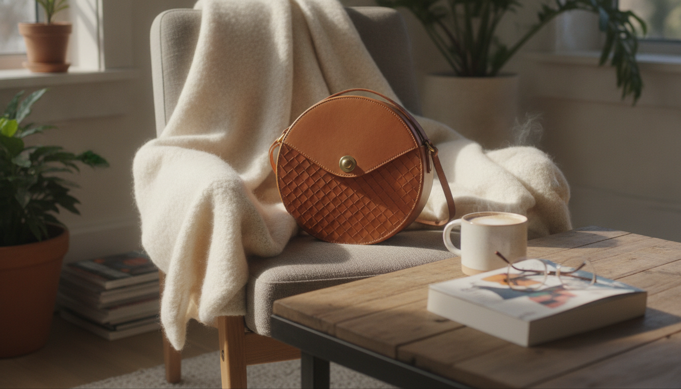 Sac à main rond en cuir camel, porté avec une robe fluide sous un ciel ensoleillé.