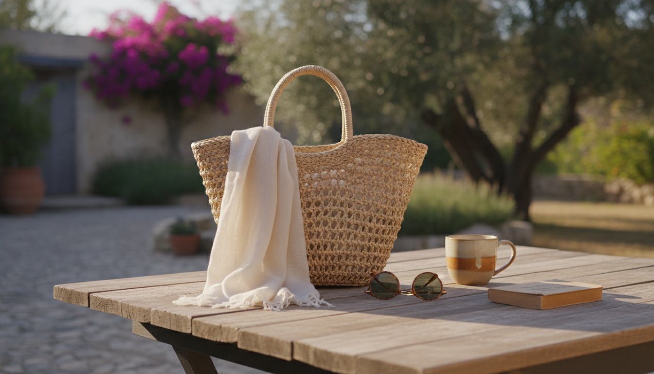 Femme portant un sac à main panier en osier, le soleil illuminant ses textures naturelles.