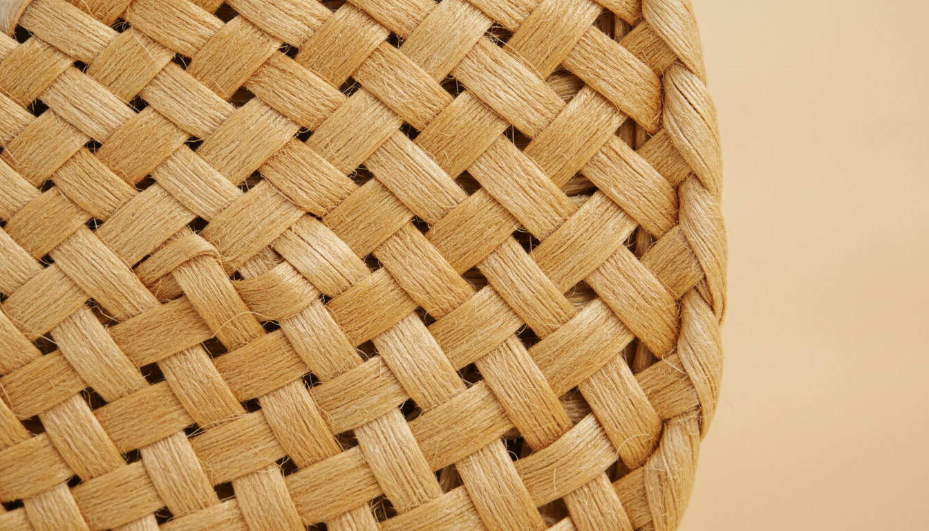 Gros plan sur les fibres tressées en raphia, révélant un jeu de lumières et d'ombres.