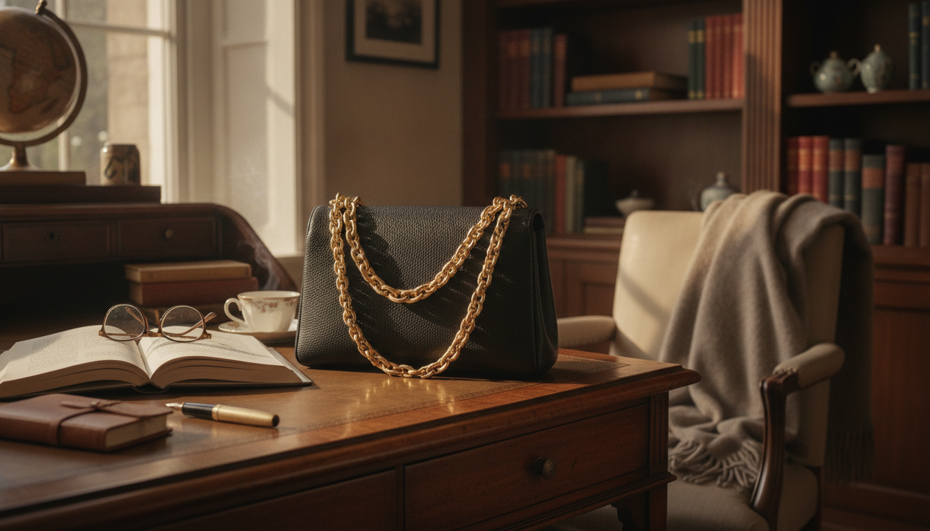 Sac chaîne noir, porté sur l’épaule avec une robe d’été fluide, illuminant le look.