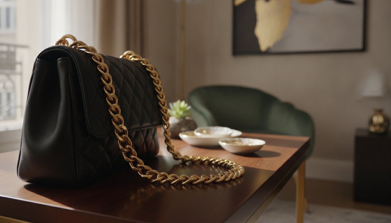 Sac chaîne posé sur une table en marbre, entouré de fleurs blanches et d’une bougie dorée.