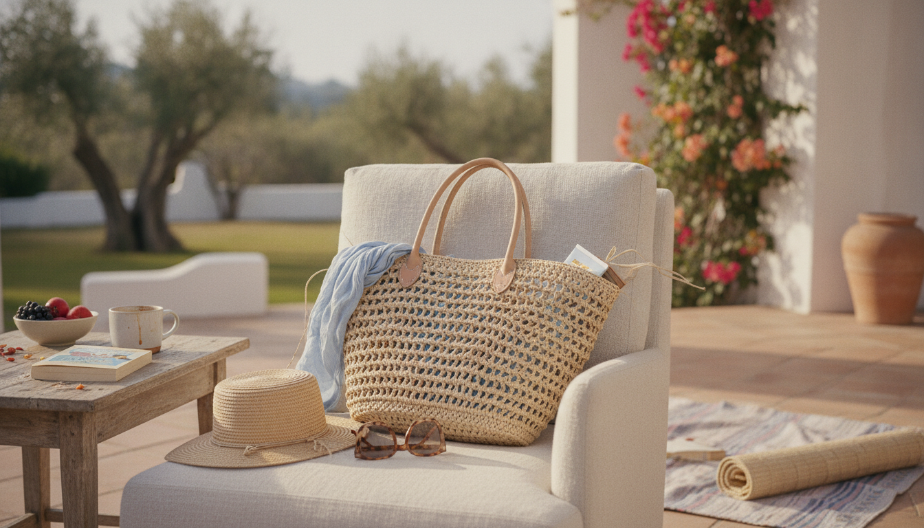Un sac en toile beige clair, parfait pour une journée ensoleillée sur la terrasse.