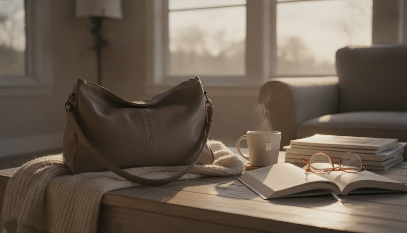 Femme active portant le sac souple en cuir beige, élégant et pratique pour ses journées chargées.