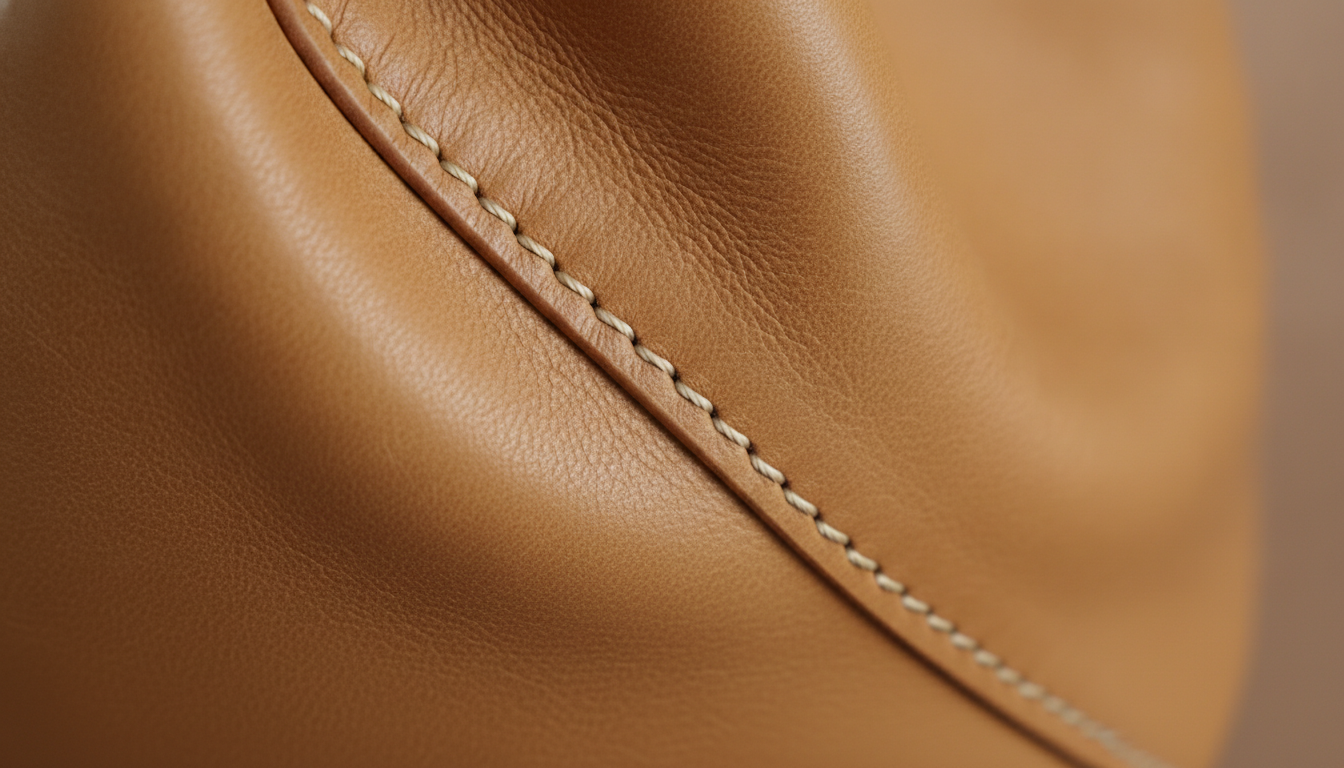 Gros plan sur la texture grainée et les coutures délicates, révélant un savoir-faire artisanal.