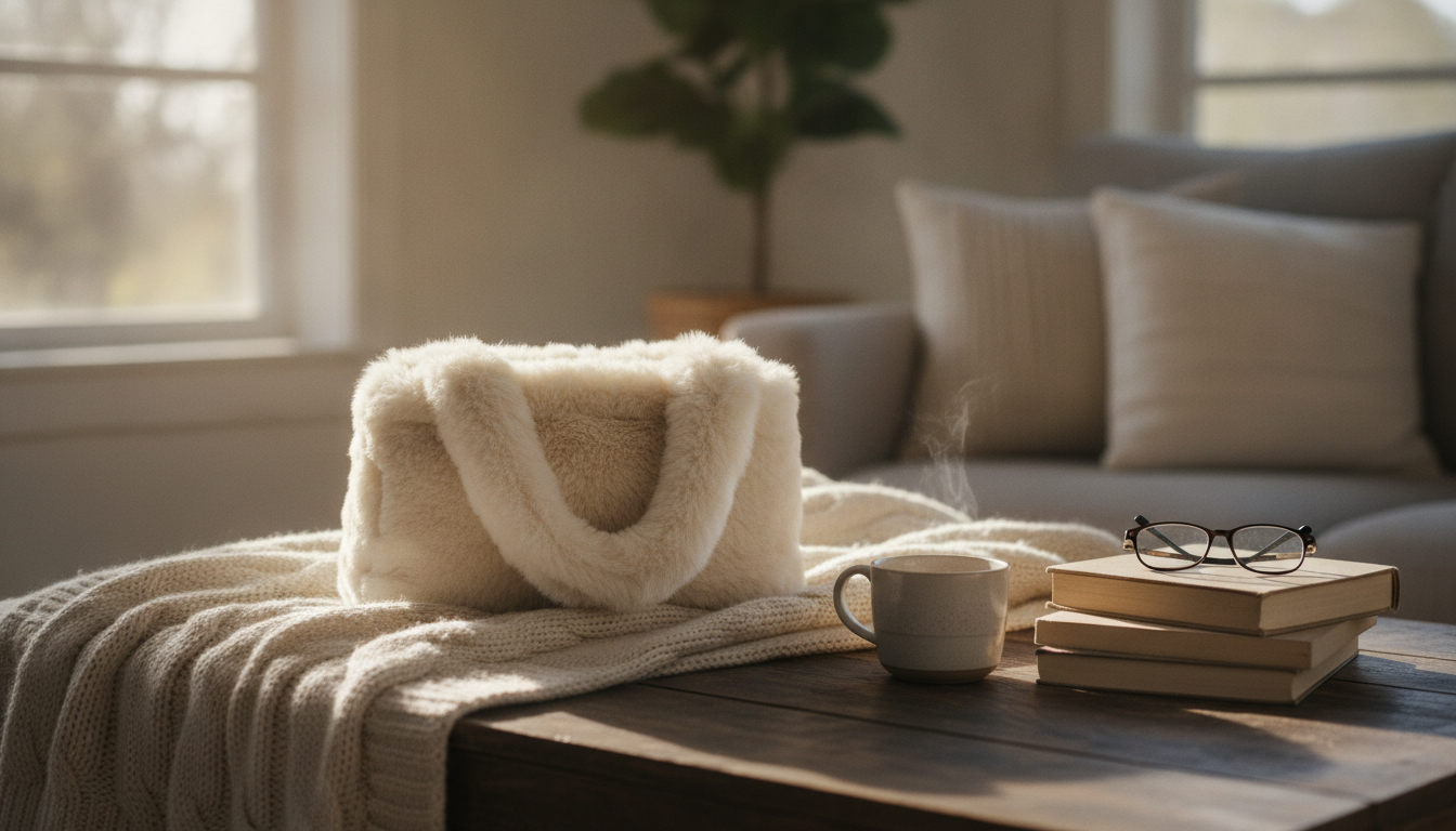 Un sac à main fausse fourrure beige porté par une femme élégante dans un café parisien.