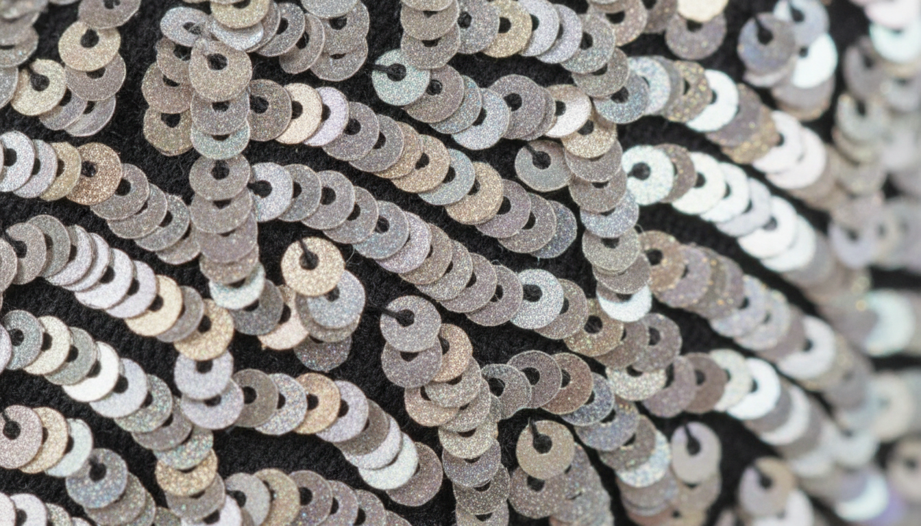 Gros plan sur les sequins argentés scintillants, créant des reflets hypnotisants à la lumière.