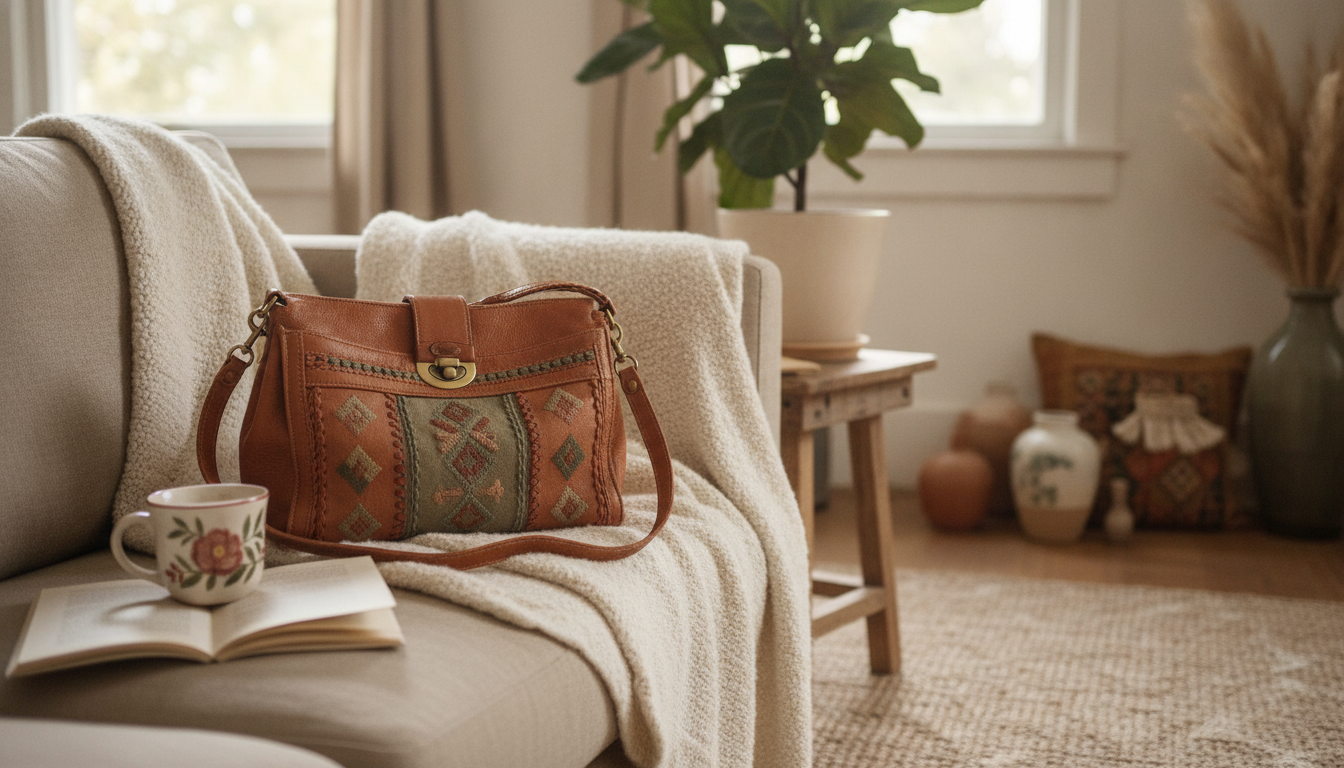 Un élégant sac en cuir beige porté avec une robe fluide, au café parisien.