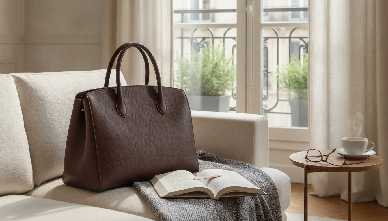 Une femme élégante porte un grand sac en cuir noir, se dirigeant vers un café en milieu urbain.