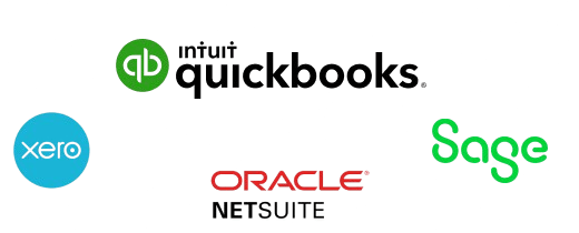Accounting software logos for QuickBooks, Xero, Oracle NetSuite, and Sage
