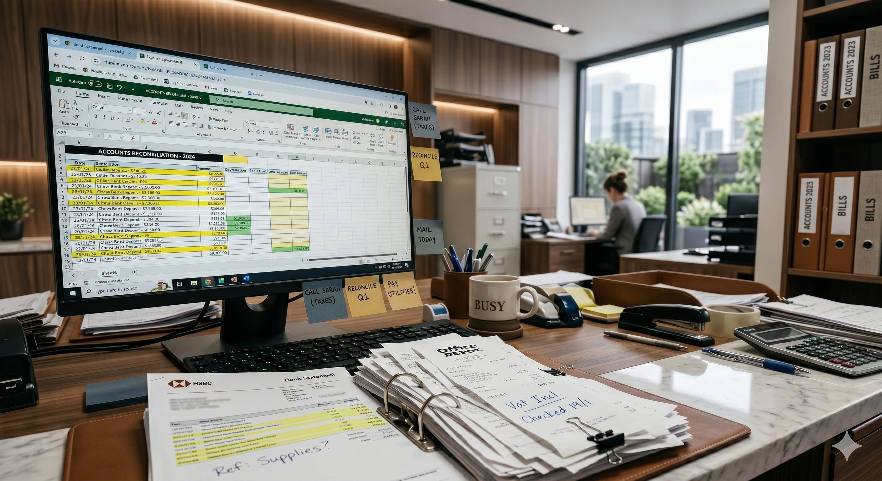 Spreadsheet and paper reconciliation workflow on a healthcare practice desk