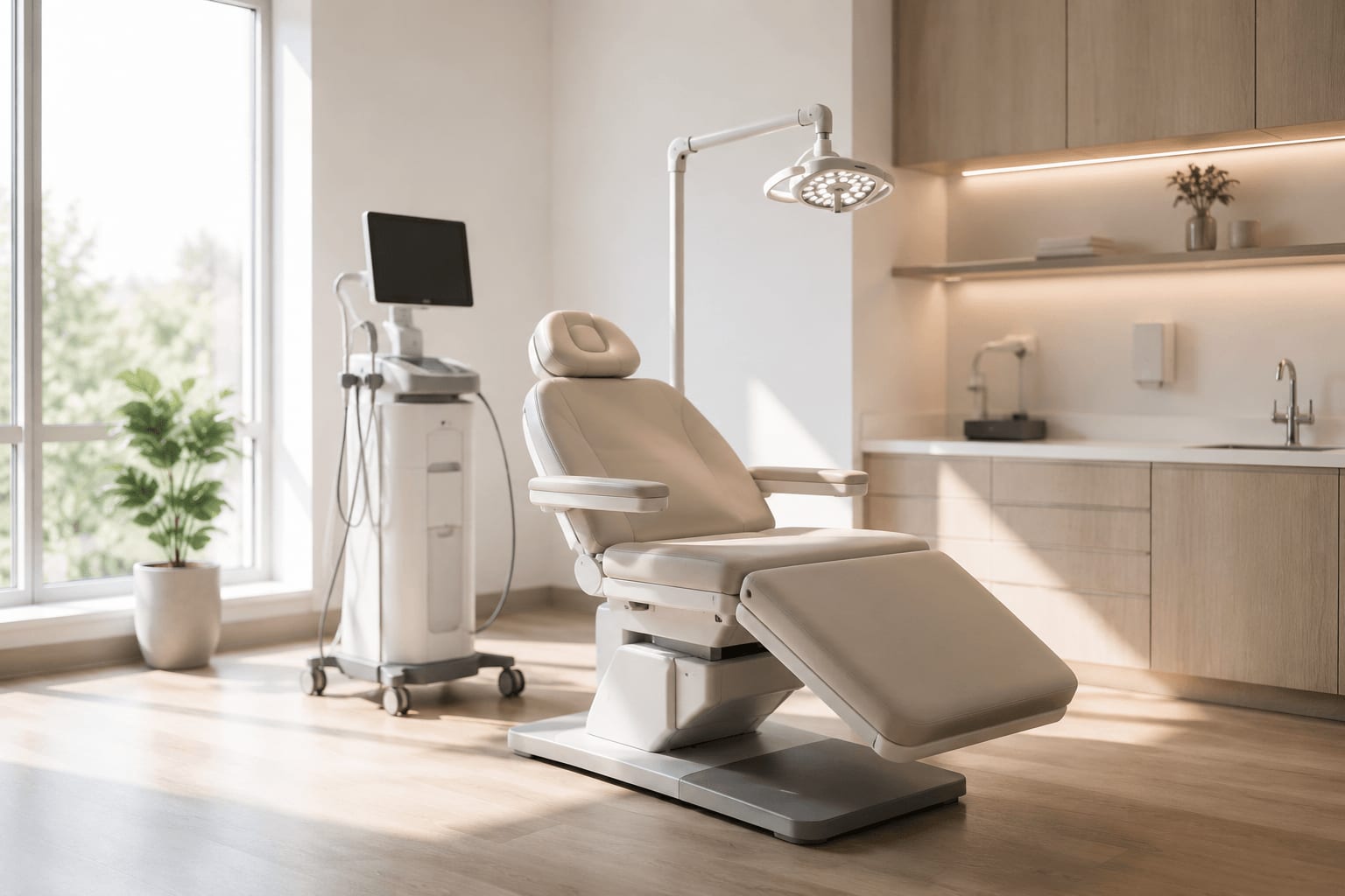 Modern, well-lit medical exam room with a treatment chair