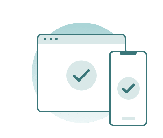 Desktop and phone showing approval checkmarks