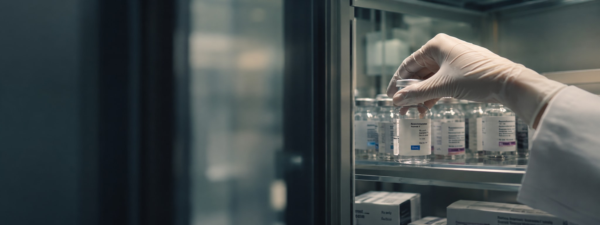 Gloved hand handling medicine vials in a refrigerated cabinet