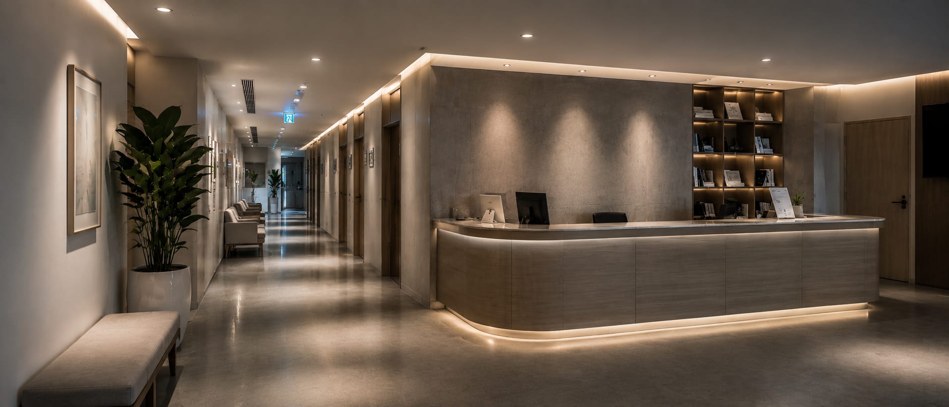 Modern medical clinic reception and hallway