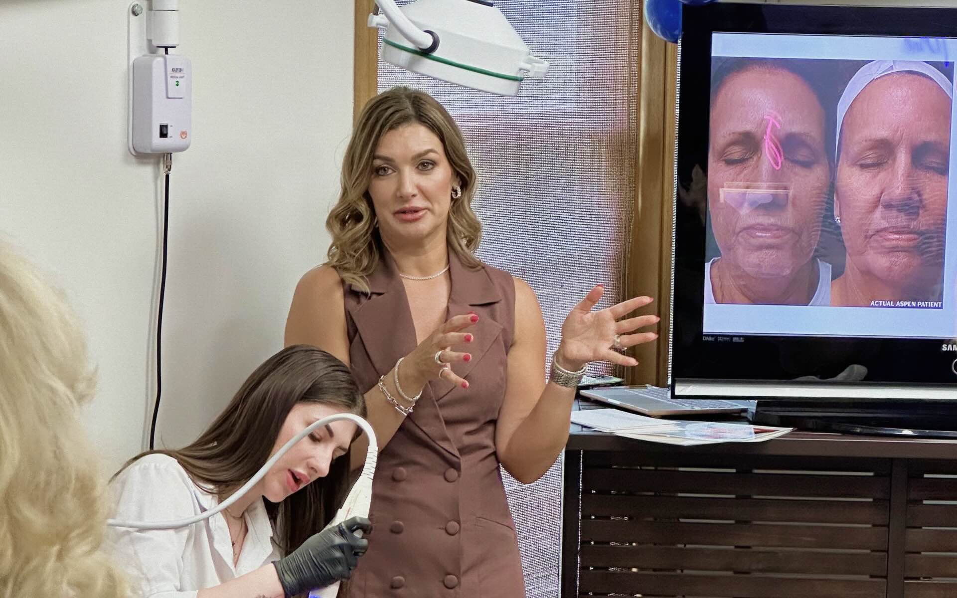 A live treatment demonstration at Aspen Medical Aesthetics, with patient results on screen.