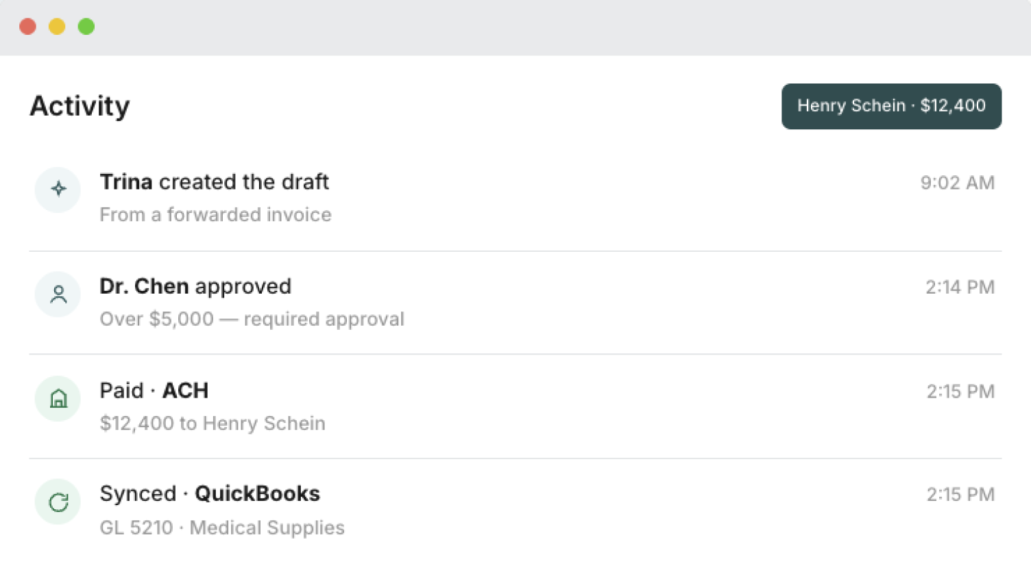 Activity audit trail panel showing bill creation, approval, payment, and QuickBooks sync