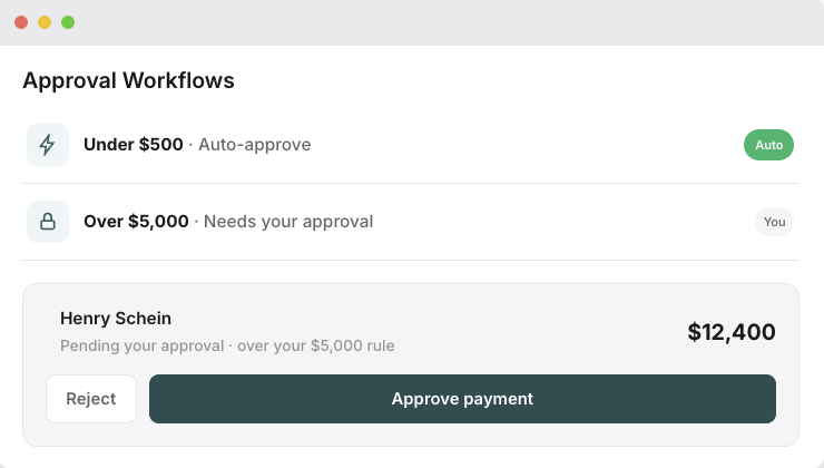 Approval Workflows panel showing auto approval and payment approval controls