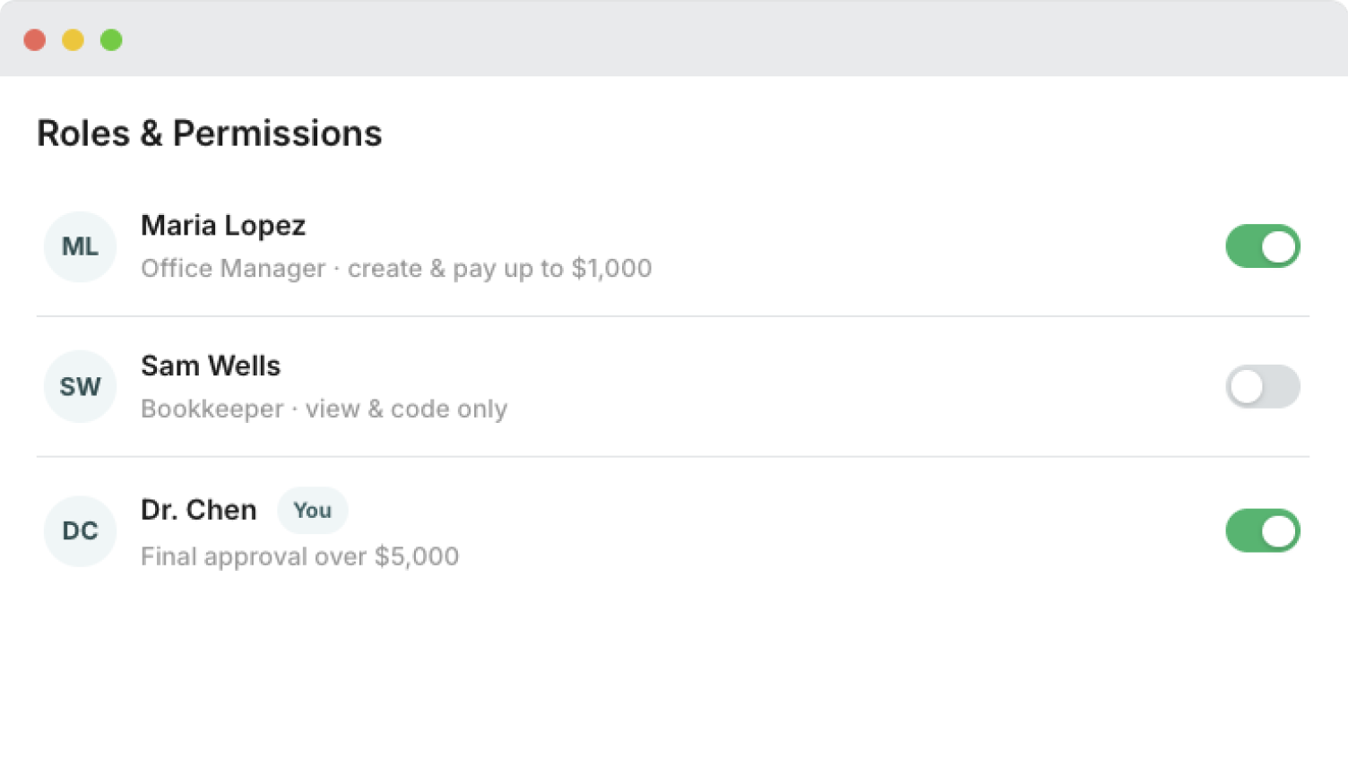 Roles and Permissions panel showing user limits and approval permissions