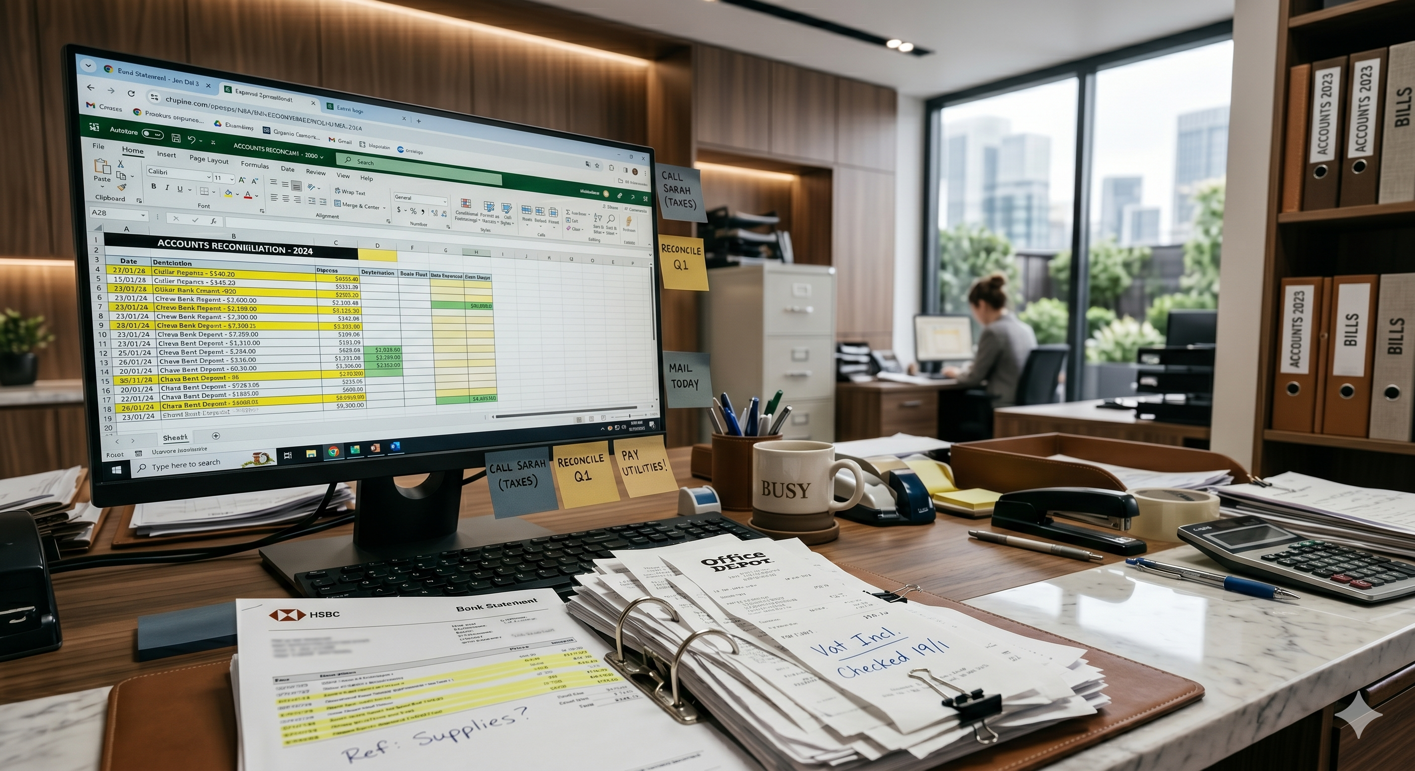 Spreadsheet and paper reconciliation workflow on a healthcare practice desk