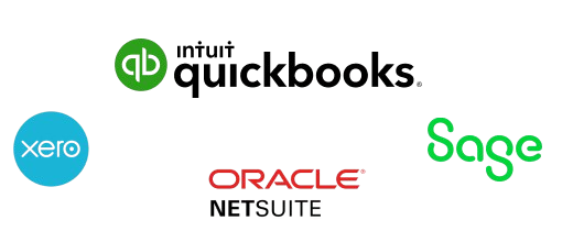 Accounting software logos for QuickBooks, Xero, Oracle NetSuite, and Sage