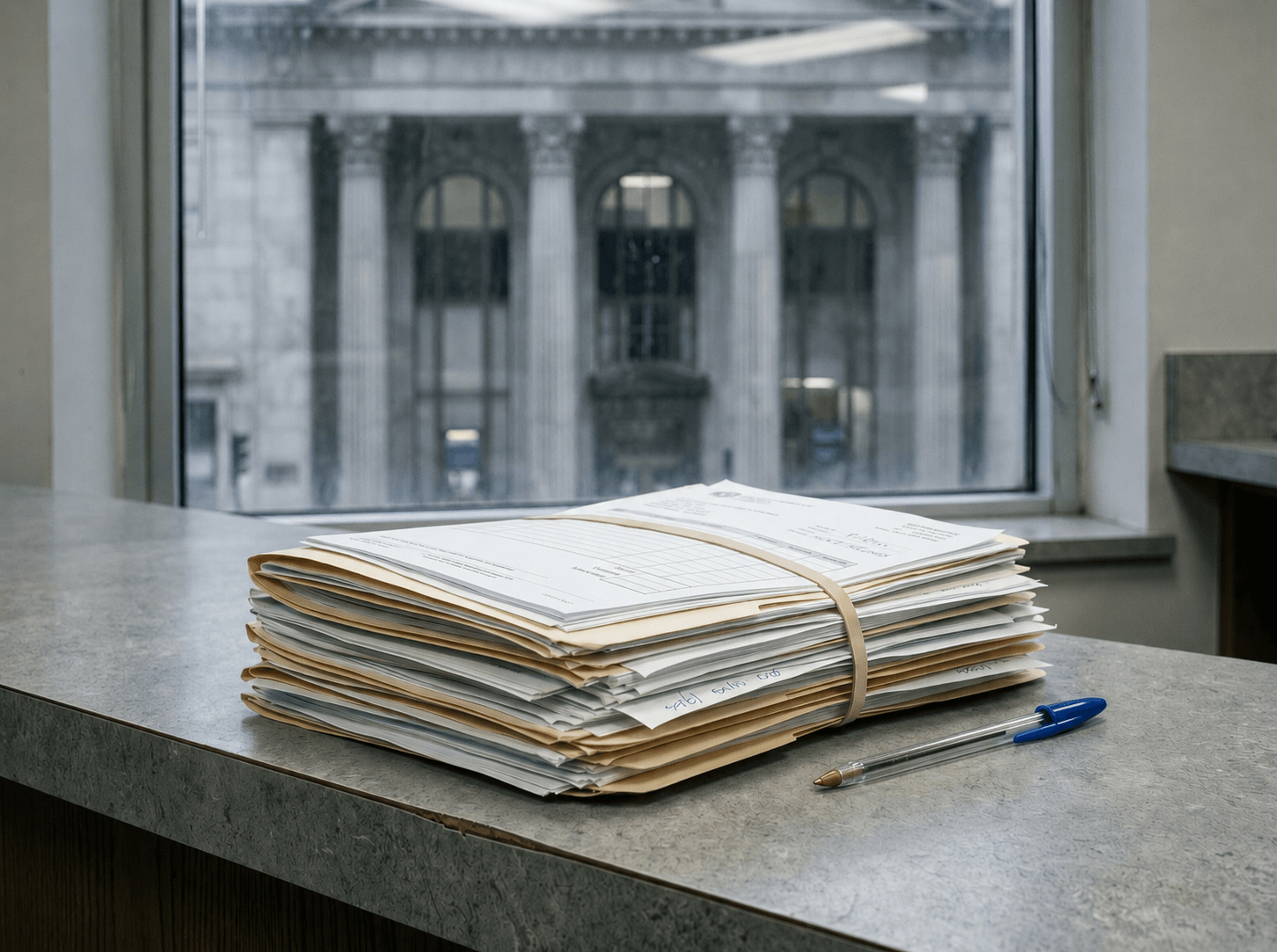 Stack of paperwork on a counter in front of a bank