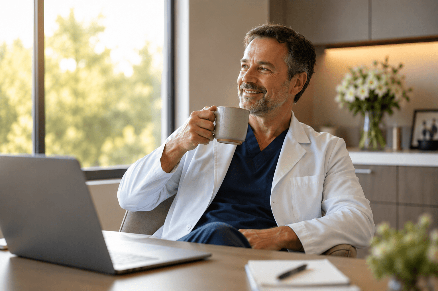 Smiling physician in a white coat with coffee at a laptop
