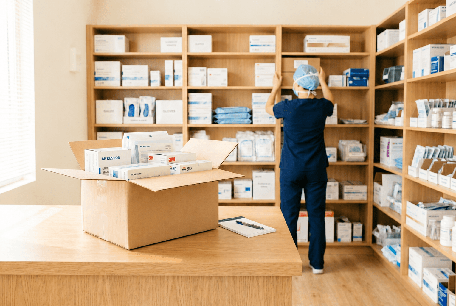 Clinician restocking medical supplies in a practice supply room
