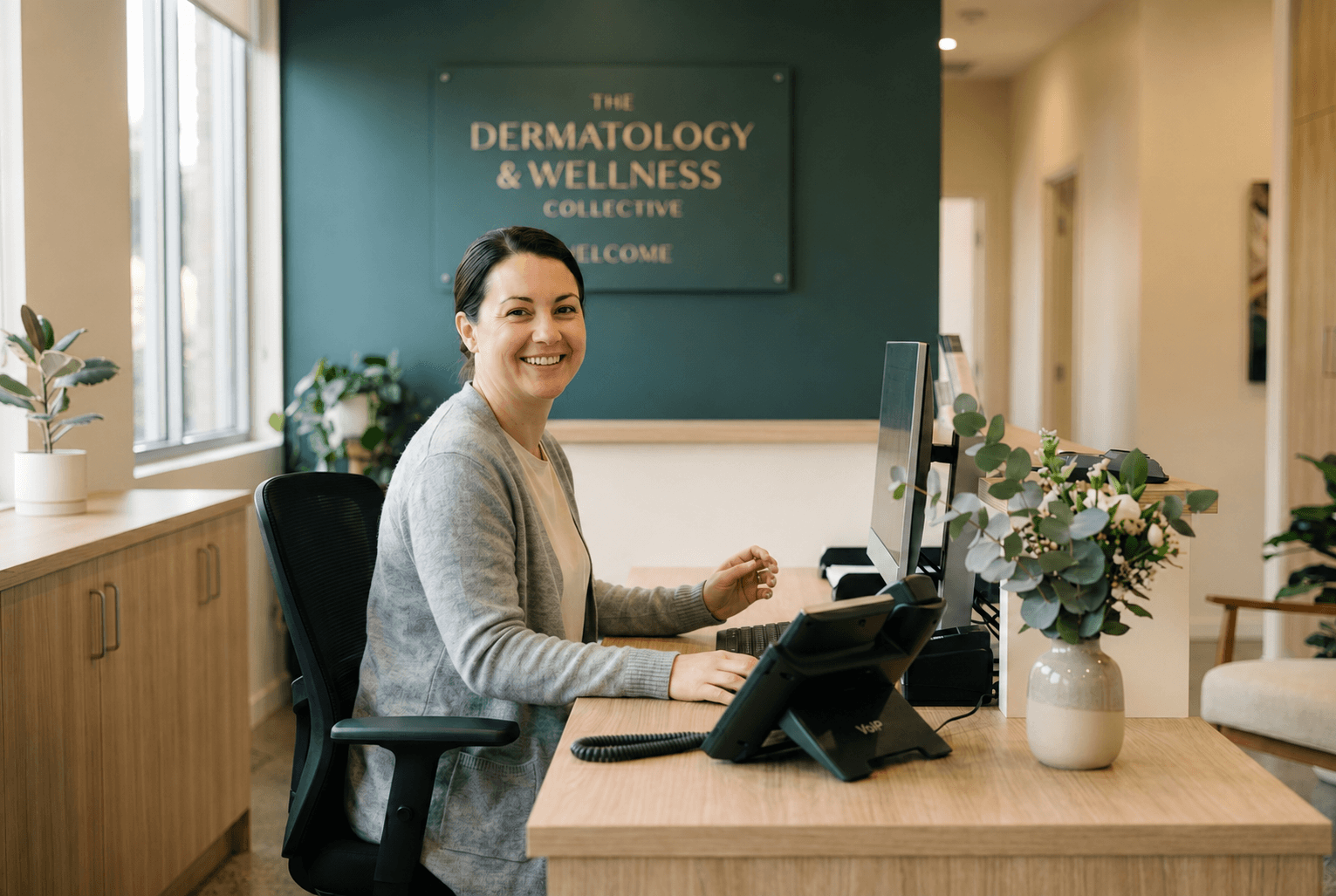 Smiling front-desk coordinator at a dermatology practice reception
