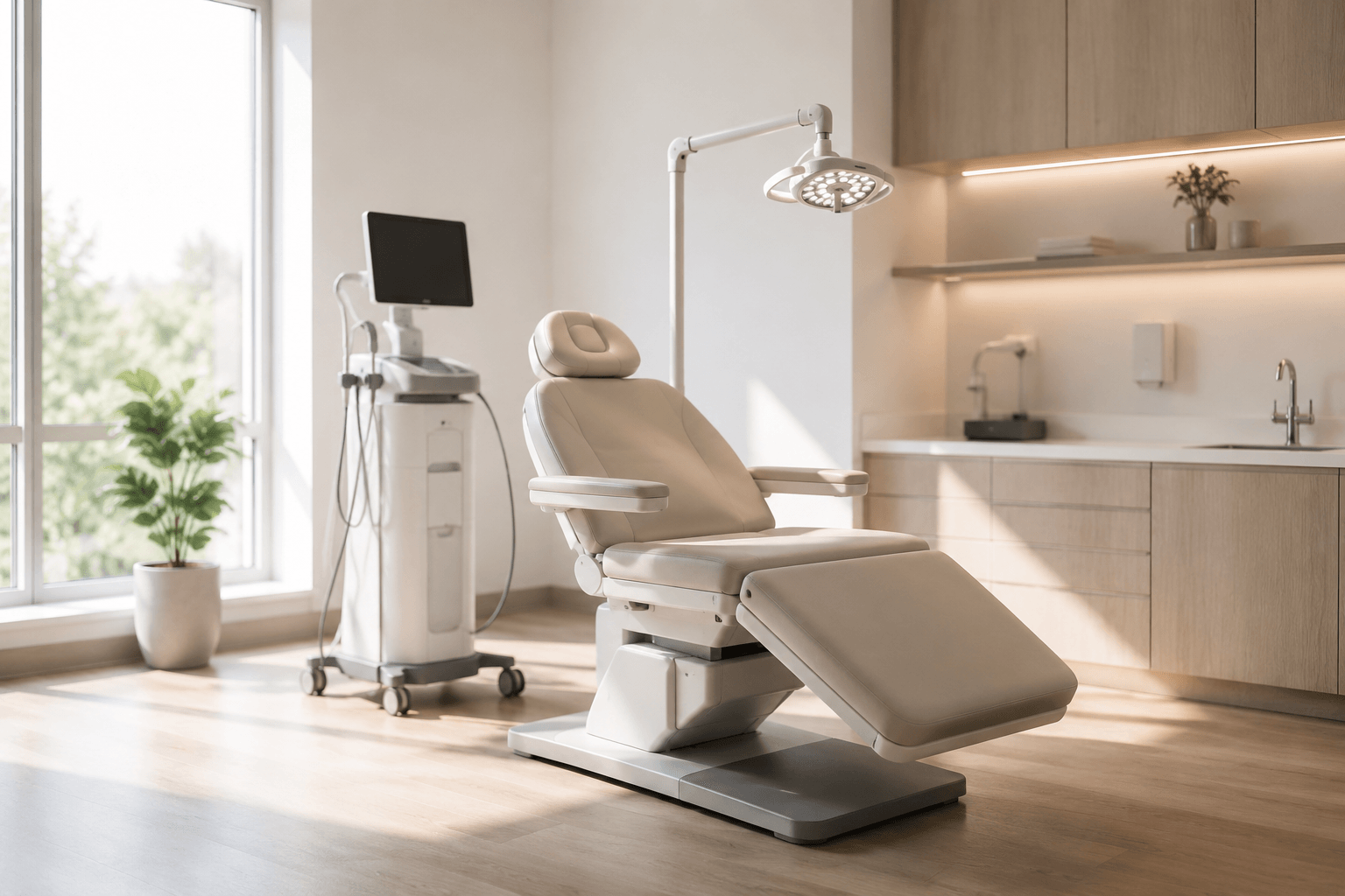 Modern, well-lit medical exam room with a treatment chair