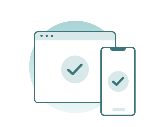 Desktop and phone showing approval checkmarks