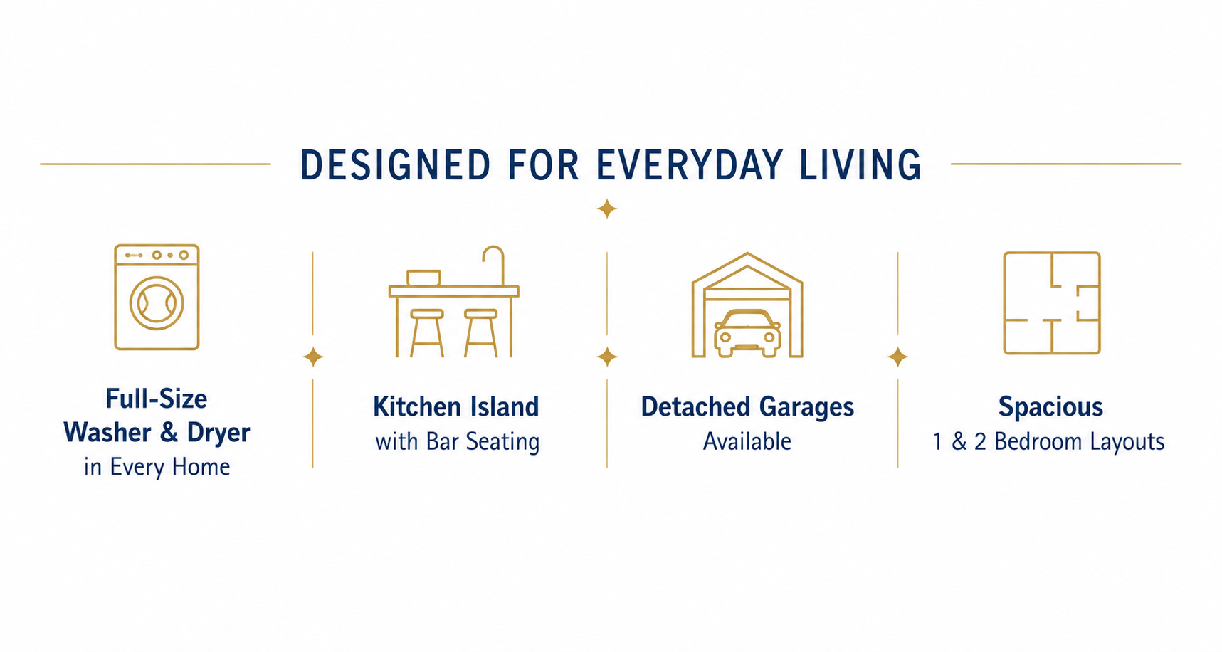 Designed for Everyday Living. Full-size washer and dryer in every home, kitchen island with bar seating, detached garages available, and spacious one and two-bedroom layouts.