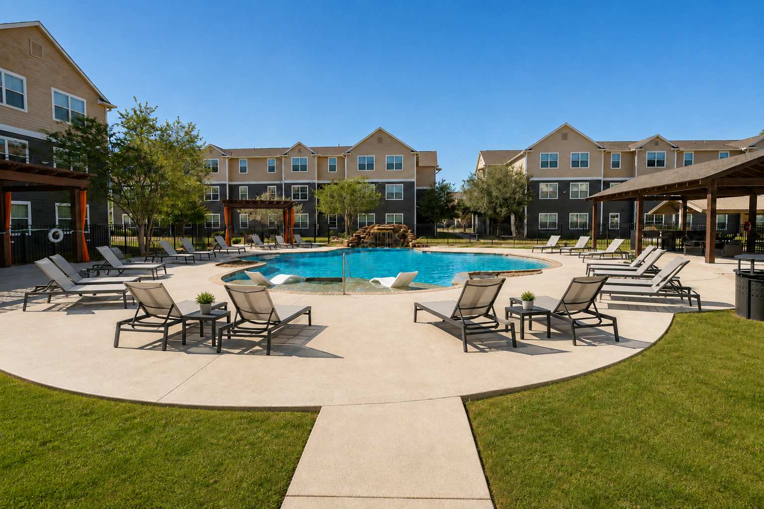 Resort-style swimming pool at Oak Tree Apartments in Kingsville, Texas