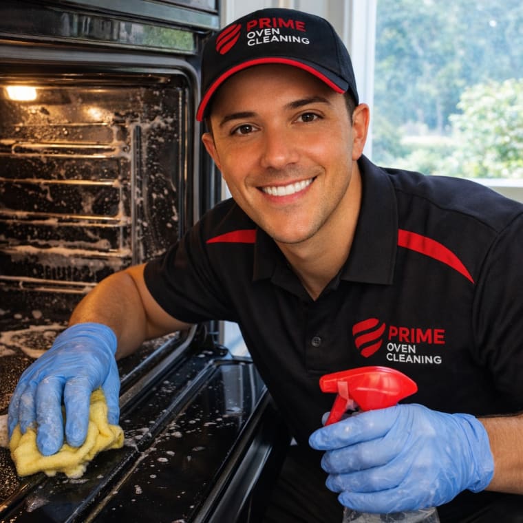 Daniel from Prime Oven Cleaning smiling while cleaning an oven in Newcastle