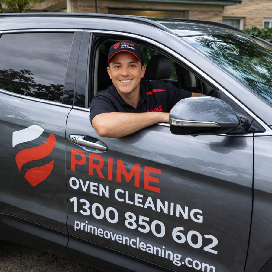 Daniel standing beside the Prime Oven Cleaning branded vehicle in Newcastle