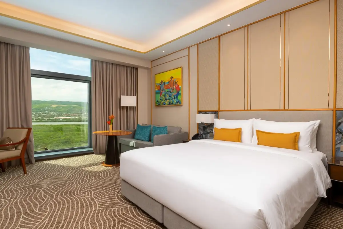 A cozy hotel room with elegant decor
