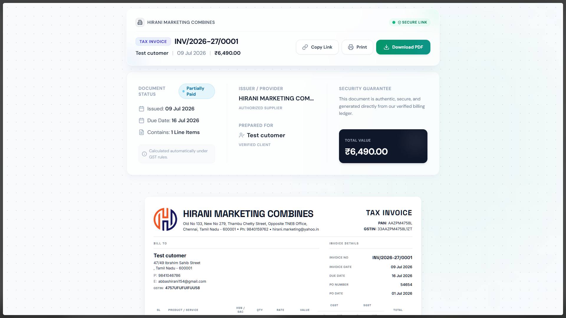 Publicly shareable invoice view page