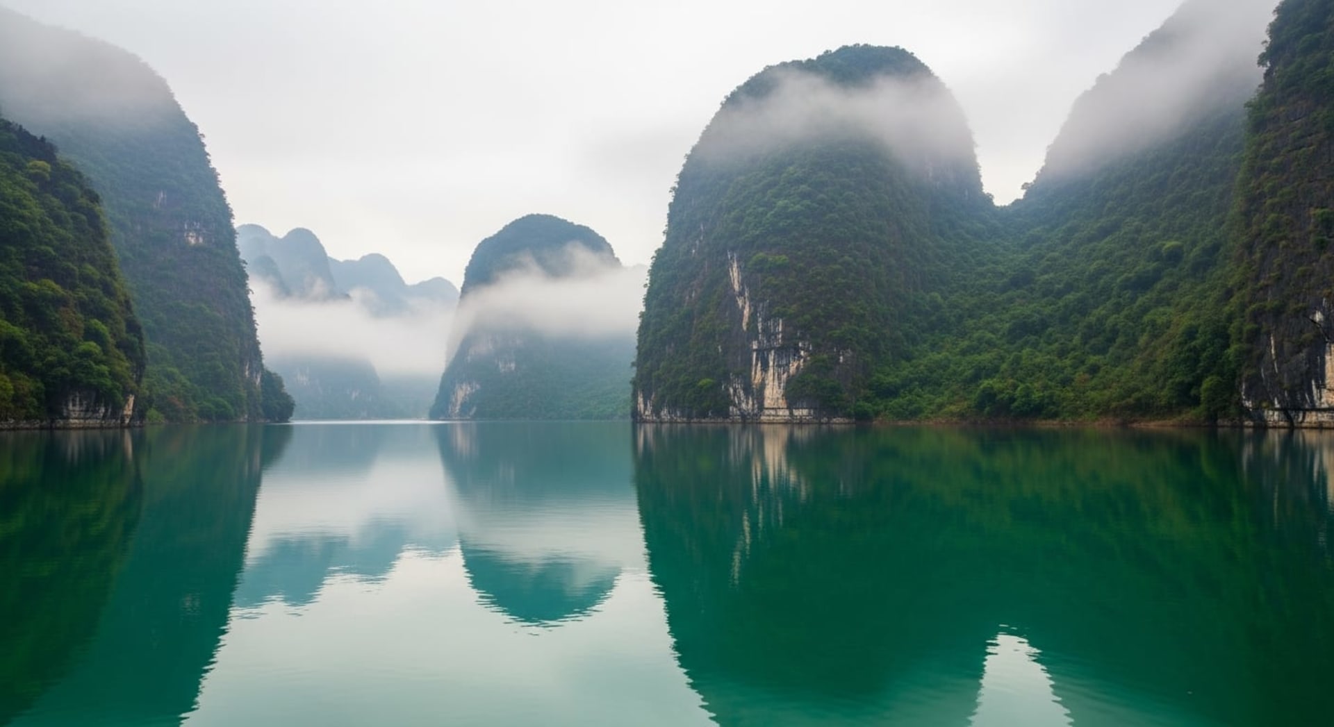 Ba Be Lake autumn mist reflections