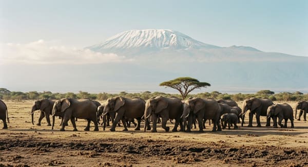 Amboseli Elephant Herds with Kilimanjaro Backdrop