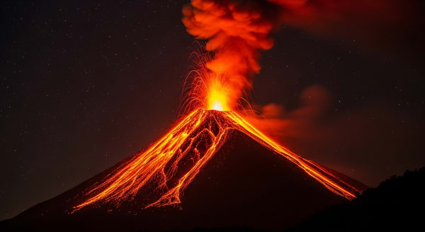 Fuego volcano nocturnal eruption glow