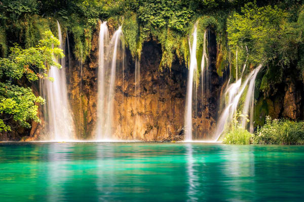 Plitvice Lakes tufa waterfalls with autumn colors